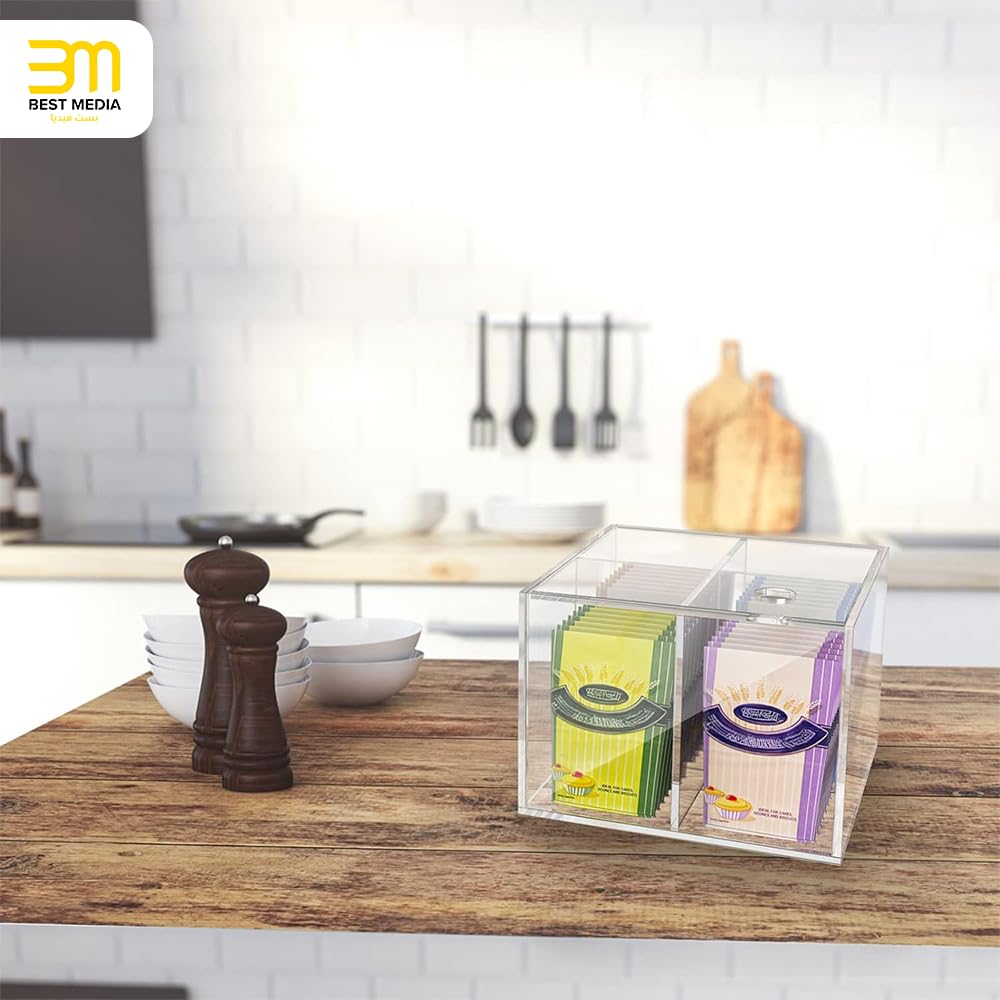 Square Clear Acrylic Storage Box with Lid and 4 Compartments, Decorative and Functional Desk Organizer for Cotton Swabs, Jewelry, and Small Accessories, Stackable Container