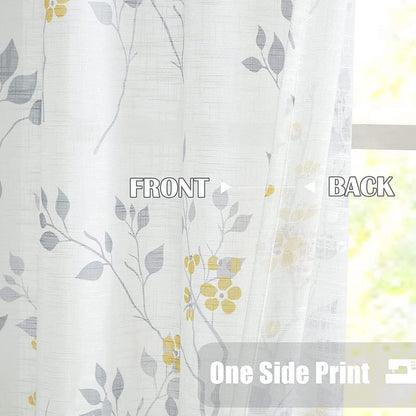 Rich Natural Linen curtains - Printed floral curtains- Semi-transparent - Steel grommets for living room, bedroom, kitchens, 1 piece