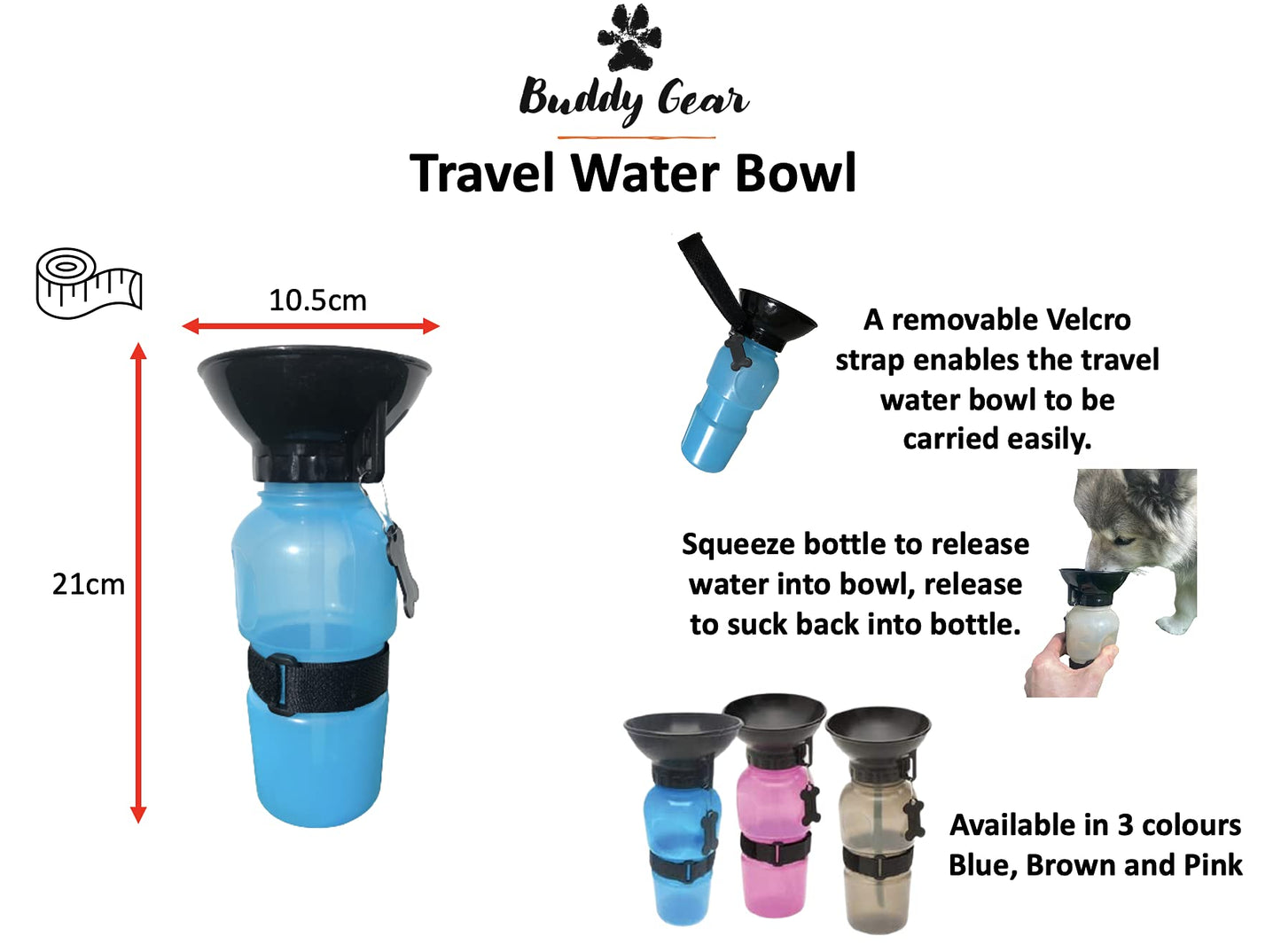 BUDDY GEAR - Travel Water Bowl Portable Dog Water Bottle Easy Carry BPA Free 520ml (Brown)