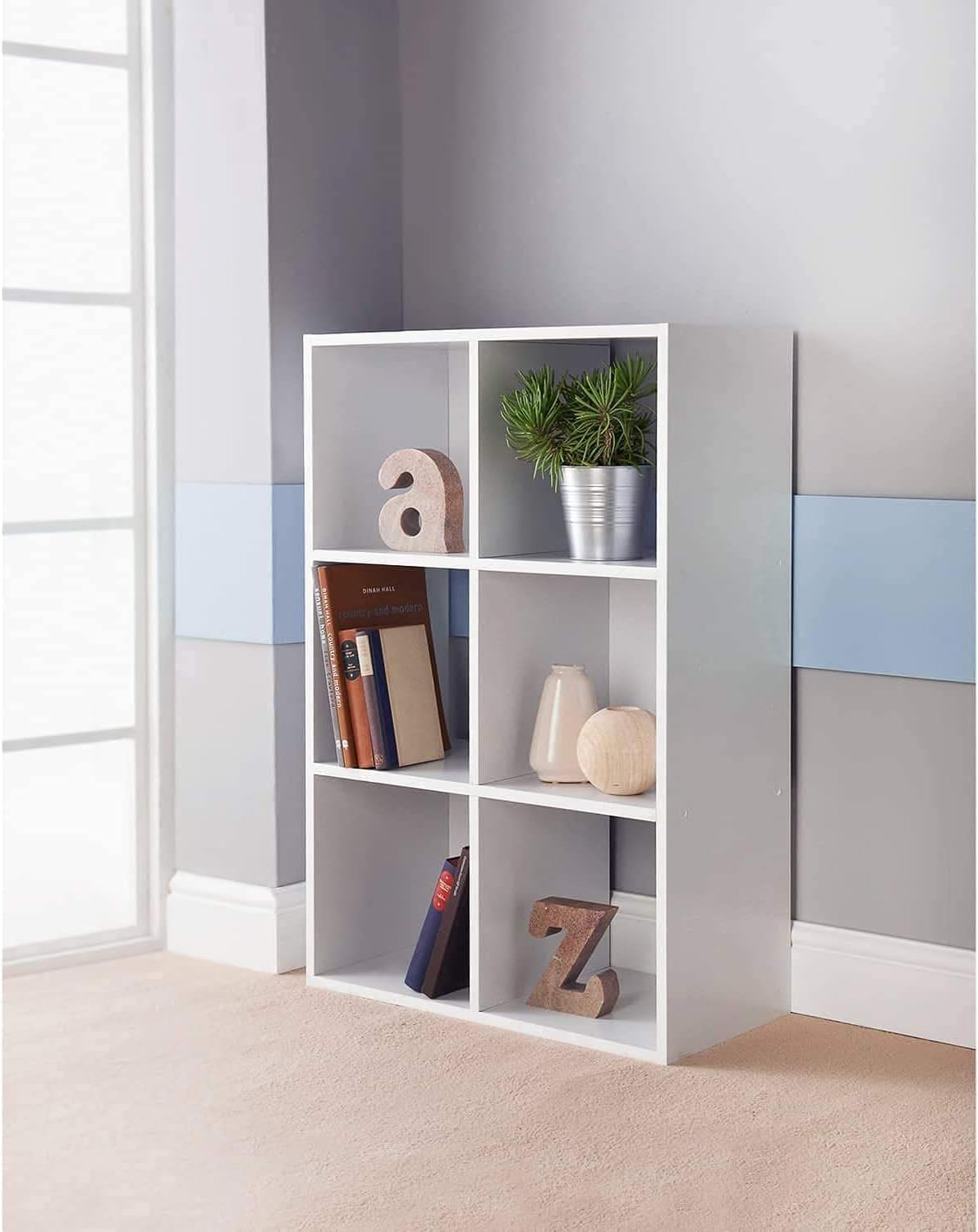 Storage Unit with 6 Cubes in White, Versatile Bookcase for Living Room or Kids' Rooms, Freestanding Wooden Laminated Shelf Organizer for Home or Office Essentials