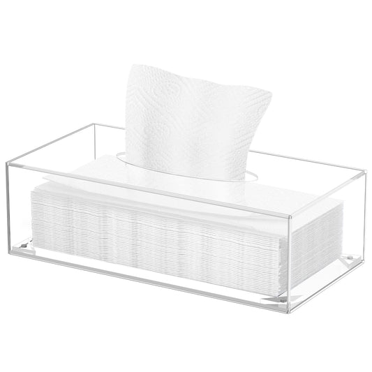 Acrylic Facial Tissue Dispenser Box, Refillable Clear Tissue Box Cover with Magnetic Closure, Modern Napkin Organizer for Bathroom, Kitchen, Office and Room Décor, Rectangle, Clear