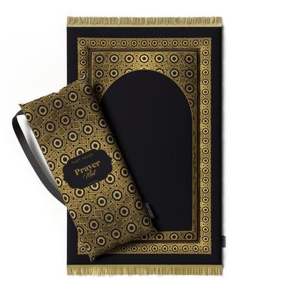 Elegant Velvet Padded Prayer Rug in Gold and Black, 68x117 cm, a soft and comfortable mat with plush cushioning, perfect for enhanced support and a luxurious feel during prayers
