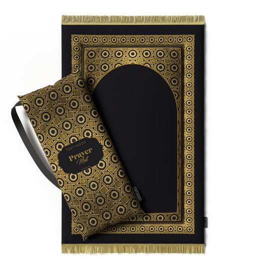 Elegant Velvet Padded Prayer Rug in Gold and Black, 68x117 cm, a soft and comfortable mat with plush cushioning, perfect for enhanced support and a luxurious feel during prayers