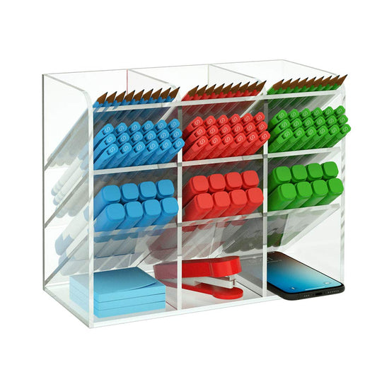 Clear Acrylic Desk Organizer and Pen Holder, 12-Compartment Pencil Caddy for Office and School, Versatile Makeup Brush Organizer and Art Craft Supplies Storage Solution