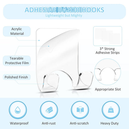 Clear Acrylic Adhesive Razor Holder Hooks 2 Pack, Waterproof His and Hers Shower Wall Organizer, Modern, For Bathroom and Bathtub Organization
