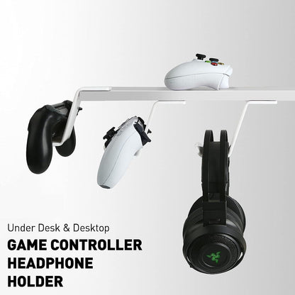 Universal Gamepad Controller Stand for Desk, Tabletop Gaming Accessories Holder for XBOX, PS5, PS4, and PC Controllers with Cable Clips, Under-Desk Mount Option (White)