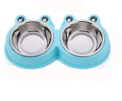 Pet Double Diner Stainless Steel Dog Feeding Bowl Set with Stable Plastic Frog Shaped Stand Best Cat Bowls Station Perfect for Dogs Cats Puppies Blue