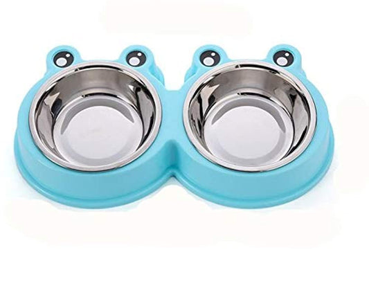 Pet Double Diner Stainless Steel Dog Feeding Bowl Set with Stable Plastic Frog Shaped Stand Best Cat Bowls Station Perfect for Dogs Cats Puppies Blue