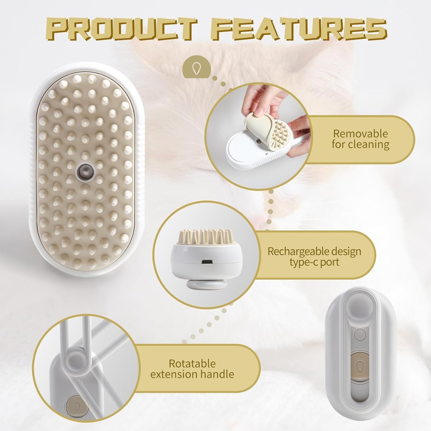 KRIVAZ 3 In 1 Steam Brush, Cat & Dog Grooming Brush, Reduces Shedding, All Hair Types, Unisex, All Ages, Pet Owners with Cats or Dogs