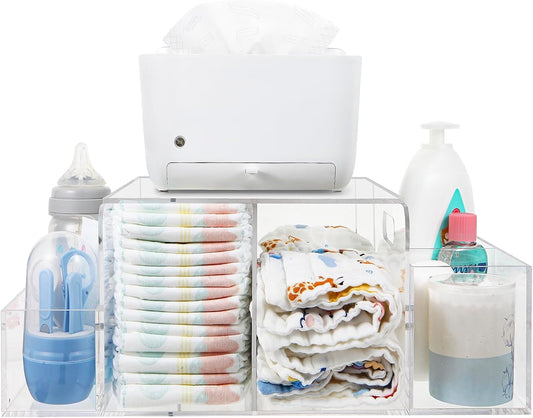 Acrylic Diaper Organizer, Clear Nursery Caddy with 2 Diaper Rows and 2 Storage Compartments, Ideal for Baby Essentials Storage and Changing Table Organization, Clear Color