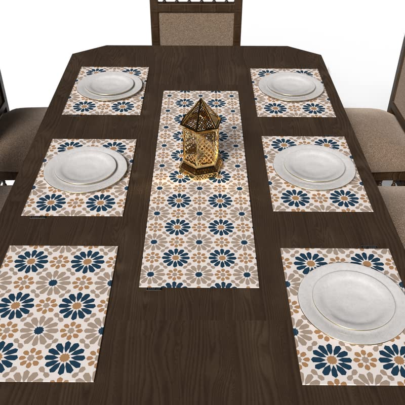 Ace2 7-Piece Dining Linens Set, with 6 multicolor canvas placemats (45x30 cm) and 1 runner (35x140 cm), featuring a modern Islamic art design for a vibrant and contemporary tablescape