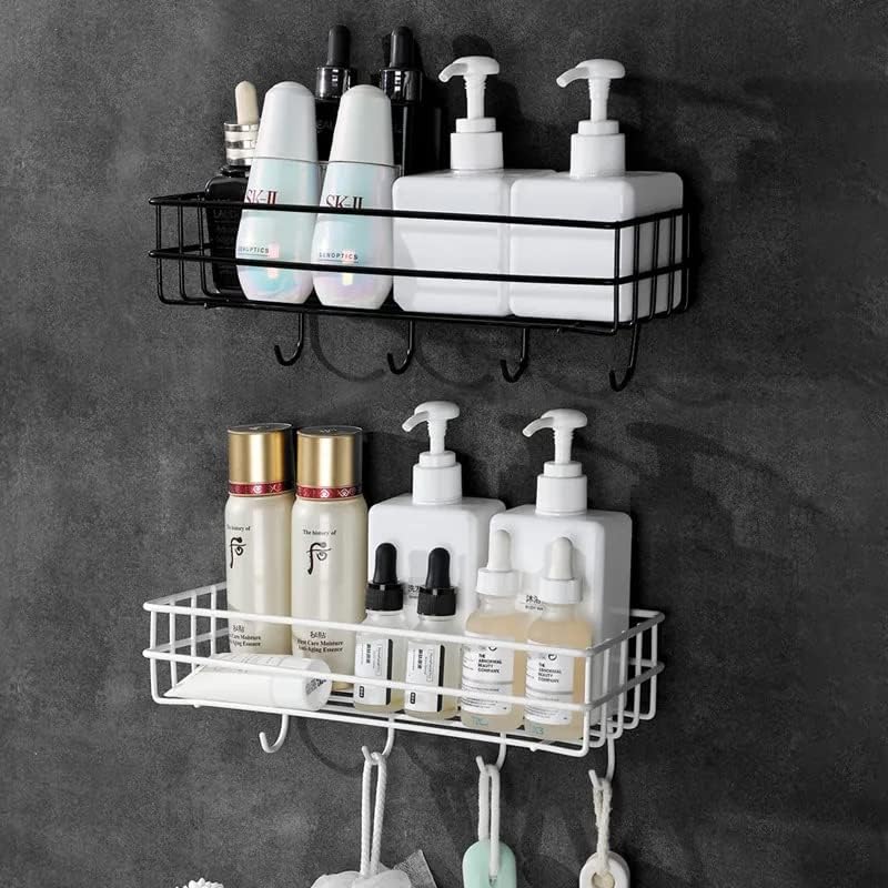 LEMBOSE Copper Shower Caddy Shelf – 2-Pack Black Adhesive Wall Mount Bathroom Organizer with 4 Hooks – No-Drill Rustproof Storage Rack for Shampoo, Toiletries, Kitchen & Corner Use.