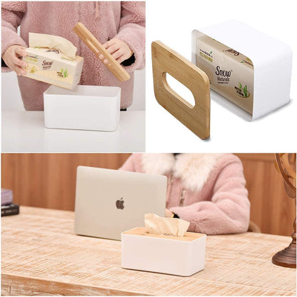 MEXONIC Bamboo Cover Plastic Tissue Box Holder Tissue Paper Holder Box Case for Car Decor Home Facial Tissue Holder Bathroom Vanity Countertop,Bedroom,Living Room,Kitchen Multi Function(Pack of 02)