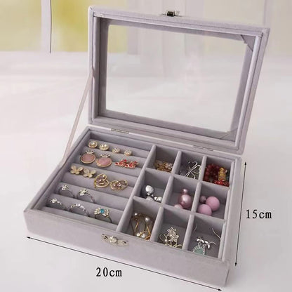 Velvet Jewelry Organizer Box, Clear Glass Lid Storage Case, Multifunction Ring Earrings Necklace Display Holder(gray)