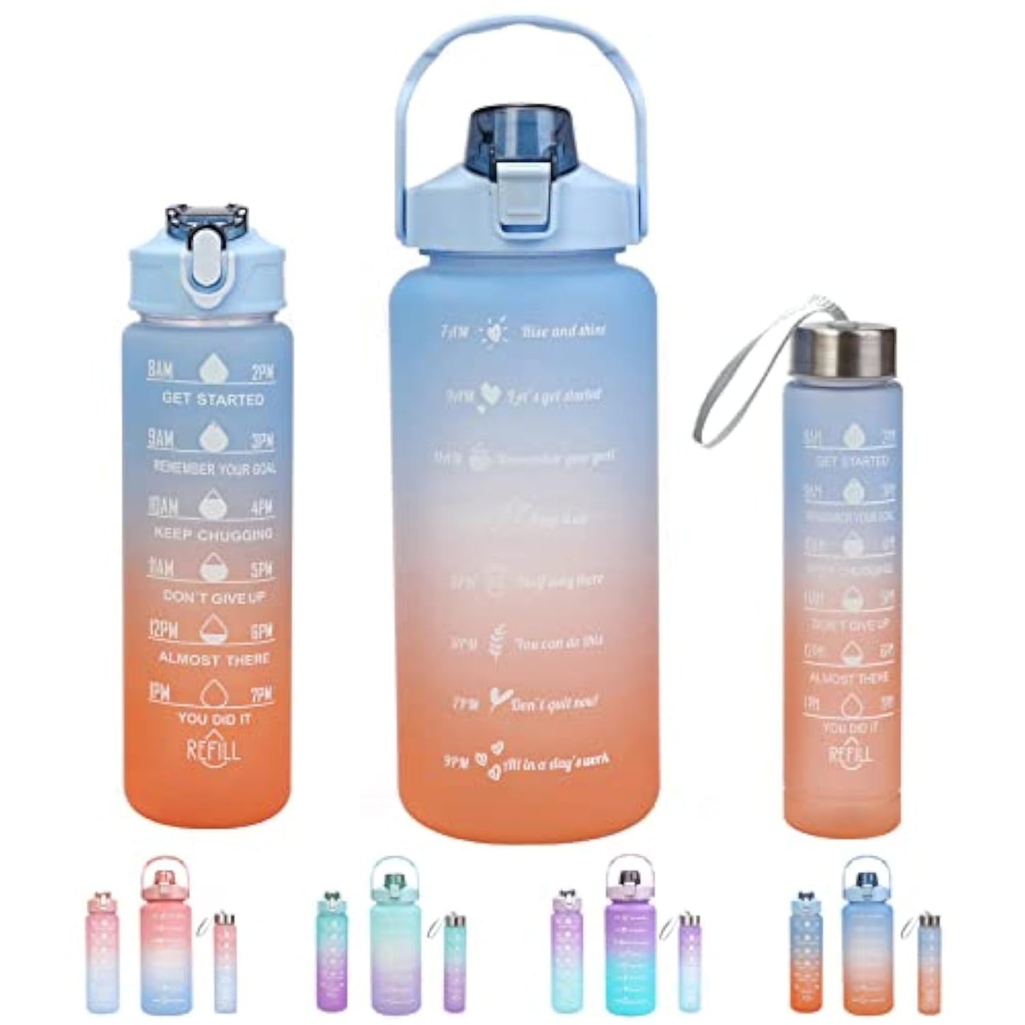 Motivational Water Bottle with Straw 3 Pcs, 64oz 32oz 16oz Time Marker Large Drinking Bottles Leakproof Half Gallon 2L Water Jugs for Sports Gym Travel BPA Free - Gradient Blue