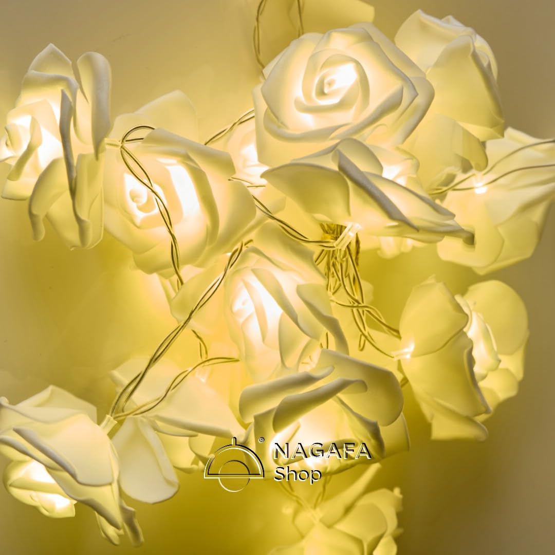 Rose Branch (20 LED Bulbs) Battery - 3 Meters - Warm Warm Rose - White Rose - Suitable for Decoration, Party, Home Decor