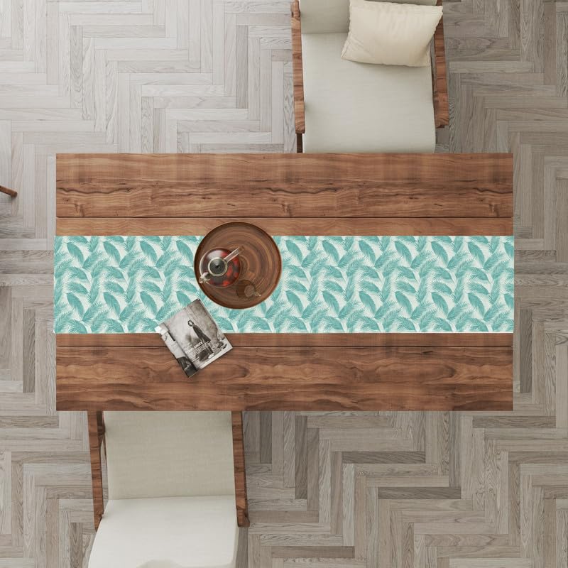 INTEX HOME Linen Velvet Table Runner, Bella Leaf Pattern, Premium Soft Fabric, 45W×135L CM, Turquoise, Elegant Dining and Living Room Decor, Luxurious Protection for Daily Use and Special Occasions