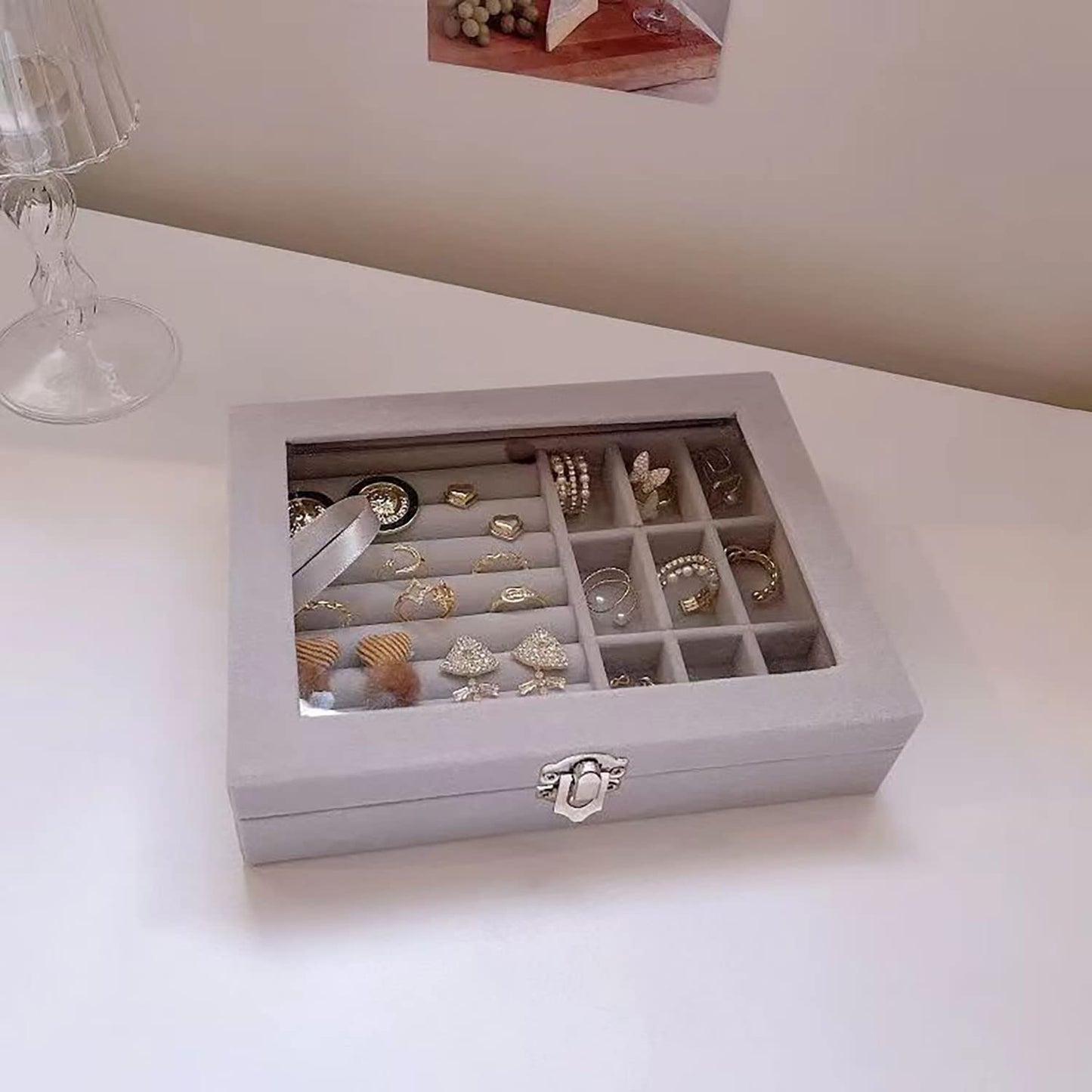 Velvet Jewelry Organizer Box, Clear Glass Lid Storage Case, Multifunction Ring Earrings Necklace Display Holder(gray)