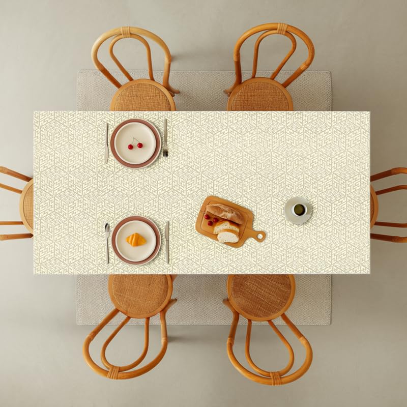 INtex Home Waterproof Tablecloth, Daniella Geometric Pattern Rectangle Table Cover, Stain Resistant Wipeable Fabric for Kitchen Dining Table, 1 Piece - Geometric Maze - Off-White - 200 x 270 cm