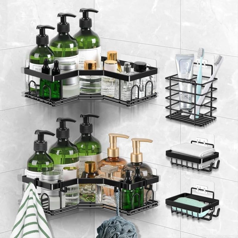 Corner Shower Caddy Shelves, 5-Pack with 16 Hooks, Rustproof Stainless Steel Organizer with Upgraded Stronger Adhesive, No-Drilling Wall Mount Shelf for Inside Shower and Bathroom - Black