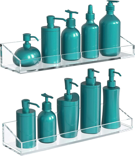 Acrylic Bathroom Shelf Set, 2-Piece Wall Mounted Thick Clear Storage and Display Shelves, No Drilling Required, Perfect for Organizing Toiletries, Cosmetics and Bathroom Essentials, Clear