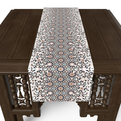 Ramadan's Unique Reya Velvet Runner in White & Blue, a Beautiful 35x140 cm Decorative Centerpiece with a Serene Islamic-Inspired Design, ideal for a Peaceful and Festive Ramadan Vibe