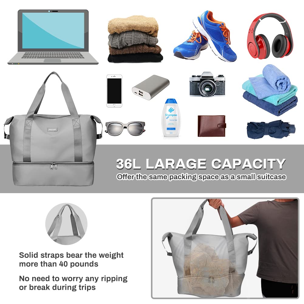 Welltop Gym Shoulder Bags, Weekend Bag for Women, 36L Large Travel Duffel Bag, Dry & Wet Seperated Overnight Bag, Foldable Carry On Bag, Hospital Bag, Sports Bag with Shoe Pouch (Grey