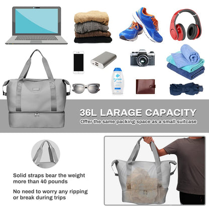 Welltop Gym Shoulder Bags, Weekend Bag for Women, 36L Large Travel Duffel Bag, Dry & Wet Seperated Overnight Bag, Foldable Carry On Bag, Hospital Bag, Sports Bag with Shoe Pouch (Grey