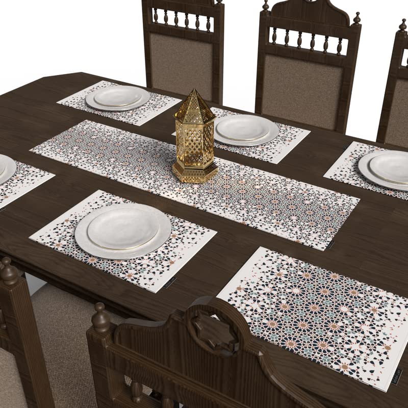 Reya 7-Piece Dining Linens Set, with 6 multicolor canvas placemats (45x30 cm) and 1 table runner (35x140 cm), featuring a serene Islamic design for an elegant, beautiful tablescape