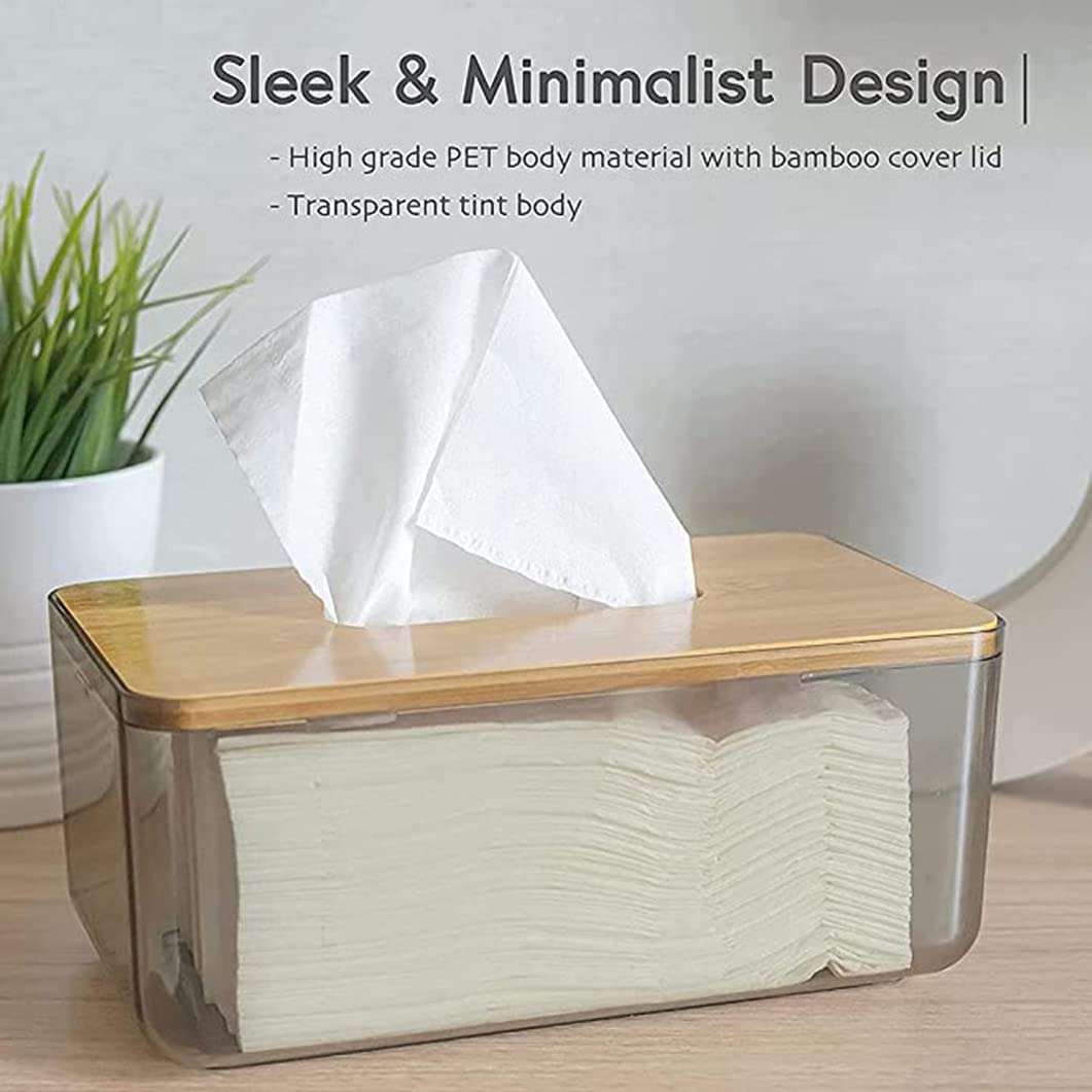 Acrylic Tissue Box Cover, Clear Rectangular Dispenser with Bamboo Wood Lid, Modern Holder for Tissues, Dryer Sheets or Wet Wipes, Bathroom & Living Room Organizer, Clear Gray