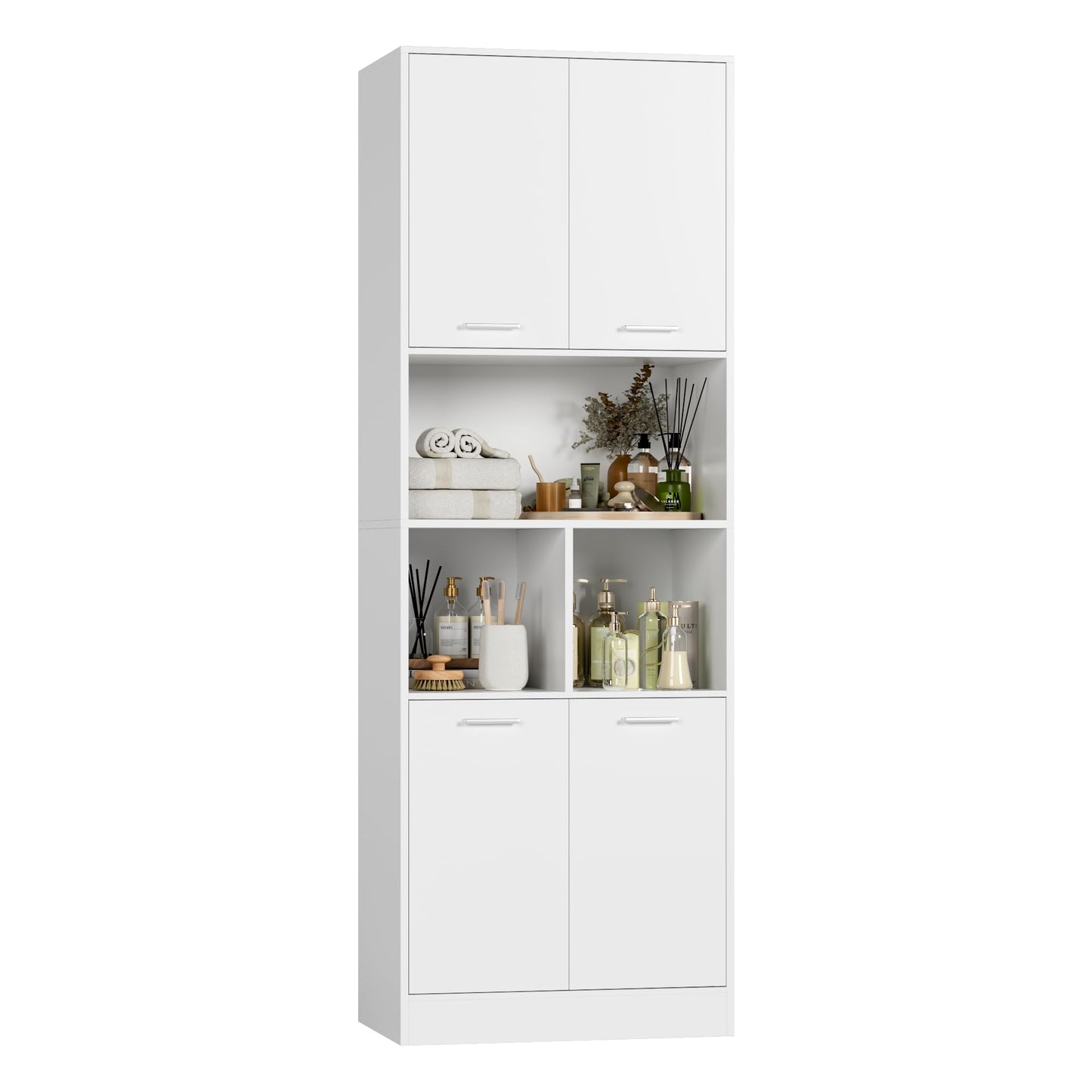 Bookcase with 4 Doors in White, 180.5cm Bookshelf with Living Room Storage, Free Standing Cupboard for Home Office, Large Capacity Cabinet (180.5x60x40cm)