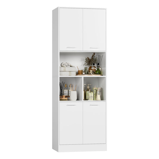 Bookcase with 4 Doors in White, 180.5cm Bookshelf with Living Room Storage, Free Standing Cupboard for Home Office, Large Capacity Cabinet (180.5x60x40cm)