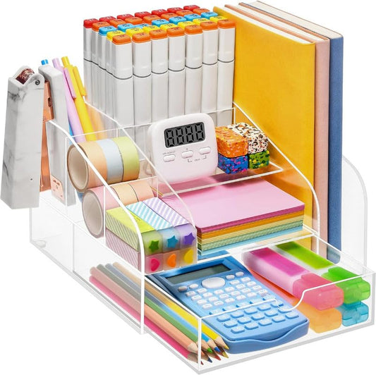 Multifunctional Clear Acrylic Desk Organizer Station with Drawer, 8-Compartment Desktop Pen and Paper Holder for Office Supplies, A4 Magazines, and Art Supply Storage