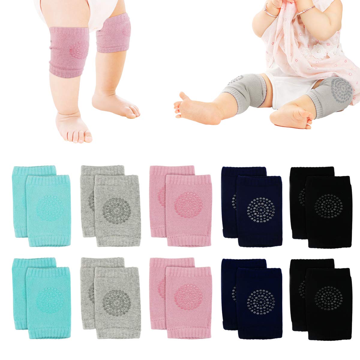 Nextnol 5 Pairs Baby Crawling Anti-Slip Knee, Unisex Baby Toddlers Kneepads,Adjustable Knee Elbow Pads Crawling,Safety Protector for 9 months - 2 years