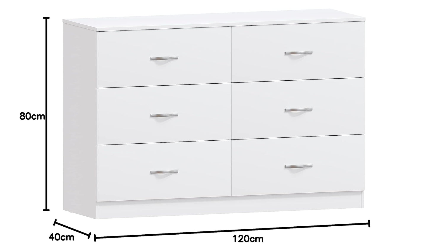 Wide Chest of 6 Drawers, Durable Manufactured Wood Bedroom Storage Unit with Smooth Sliding Drawers and Ample Space, Elegant Furniture in a Clean White Finish for Any Room