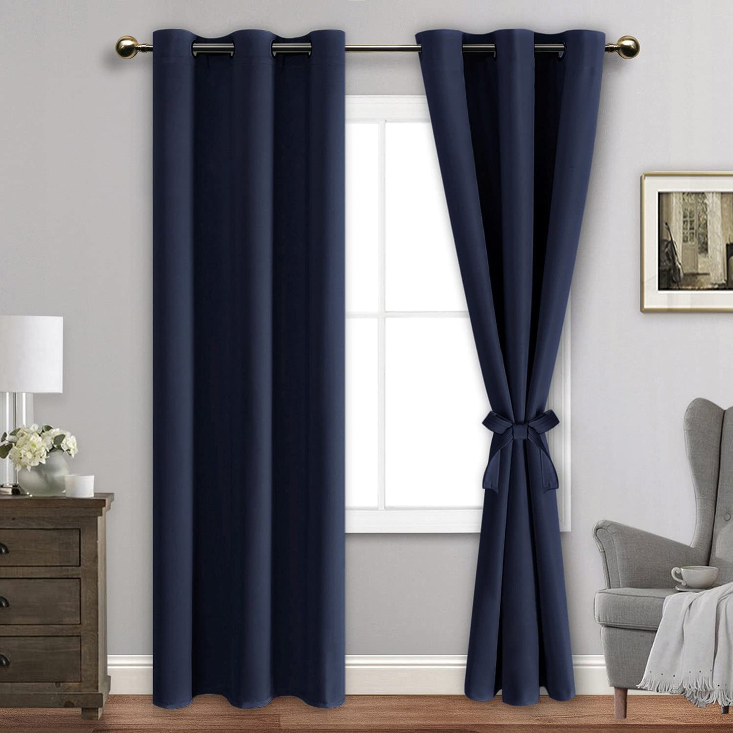 Blackout Curtains with Tiebacks - Thermal Insulated, Light Blocking and Noise Reducing Grommet Curtain Drapes for Bedroom and Living Room, Set of 2 Panels,