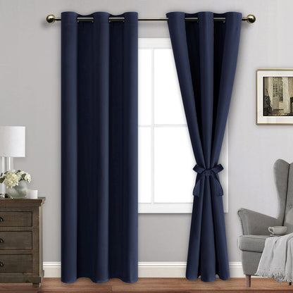Blackout Curtains with Tiebacks - Thermal Insulated, Light Blocking and Noise Reducing Grommet Curtain Drapes for Bedroom and Living Room, Set of 2 Panels,