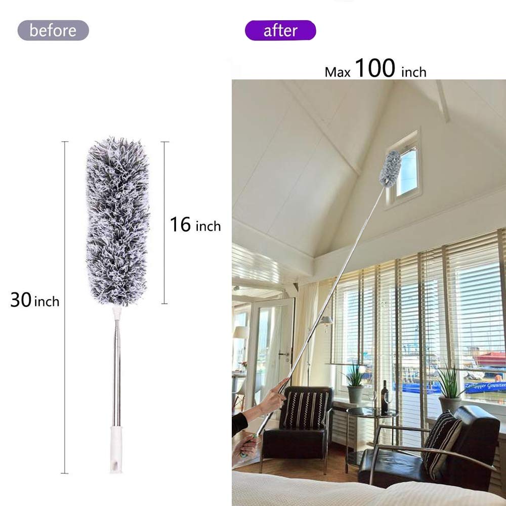 Lomida Feather Duster With Extendable Telescopic Pole - Extra Long 100 Inches, Microfiber With Washable Bendable Head for Cleaning High Ceiling Fans, Blinds, Cobweb, Cars