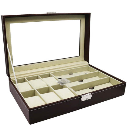 Visible Watch Sunglasses Organizer PU Leather 6 Watch Box Jewelry Case and 3 Piece Eyeglasses Storage and Sunglass Glasses Display Case Organizer