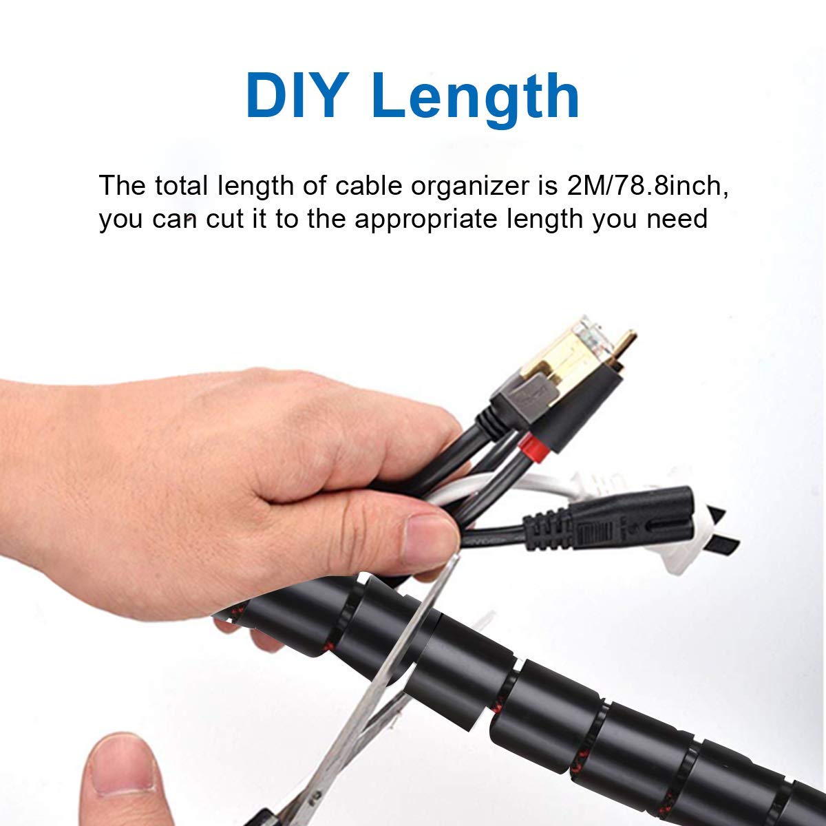 Cable Management Sleeve,2M Cable Bundler Manager with Cord Organizer Clip, DIY Flexible Coiled Tube -Diameter 22m/0.87 inch -Spread Width 2.75inch- Black