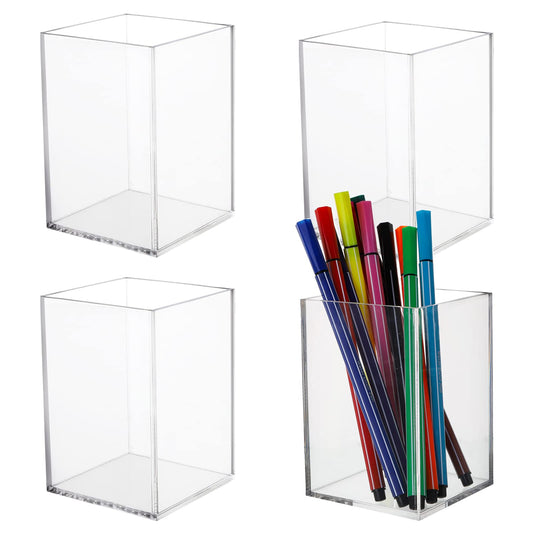 4-Pack Large and Thick Clear Acrylic Pen Holders, Modern Makeup Brush Holder Cups, Heavy-Duty Desktop Pencil and Stationery Organizer Set for School, Home, and Office Desk Accessories