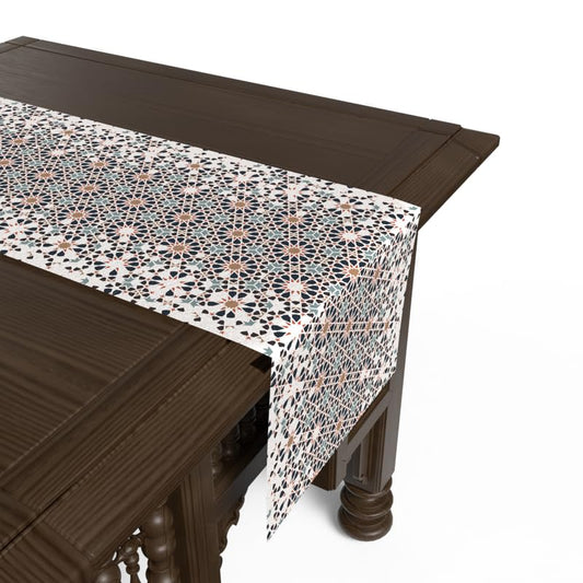 Ramadan's Unique Reya Velvet Runner in White & Blue, a Beautiful 35x140 cm Decorative Centerpiece with a Serene Islamic-Inspired Design, ideal for a Peaceful and Festive Ramadan Vibe