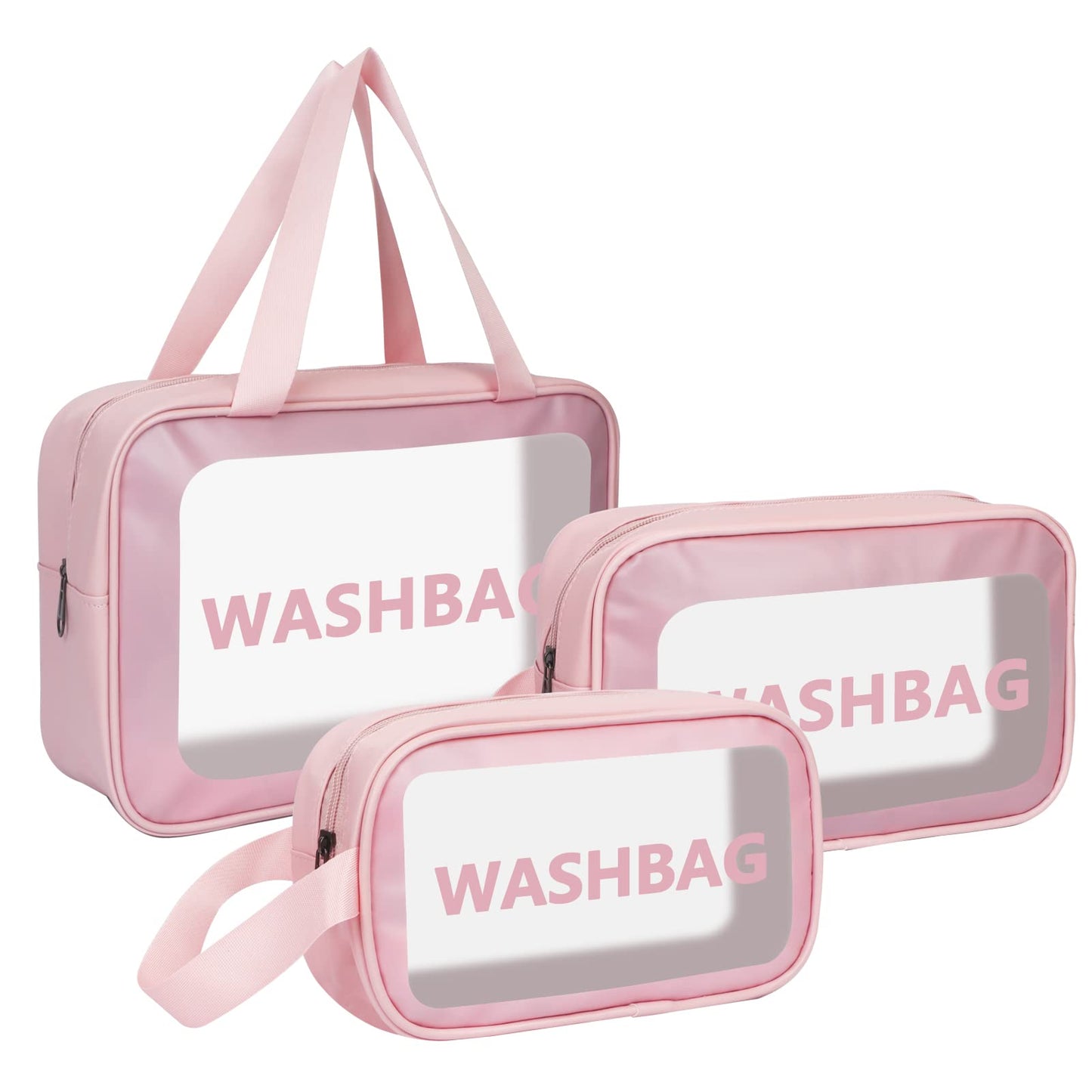 Unaone 3 Pieces Toiletry Bag for Women and Men, Matte Translucent Makeup Cosmetic Bag with Handy Handle, Water - Resistant Travel Organizer for Accessories (Pink)