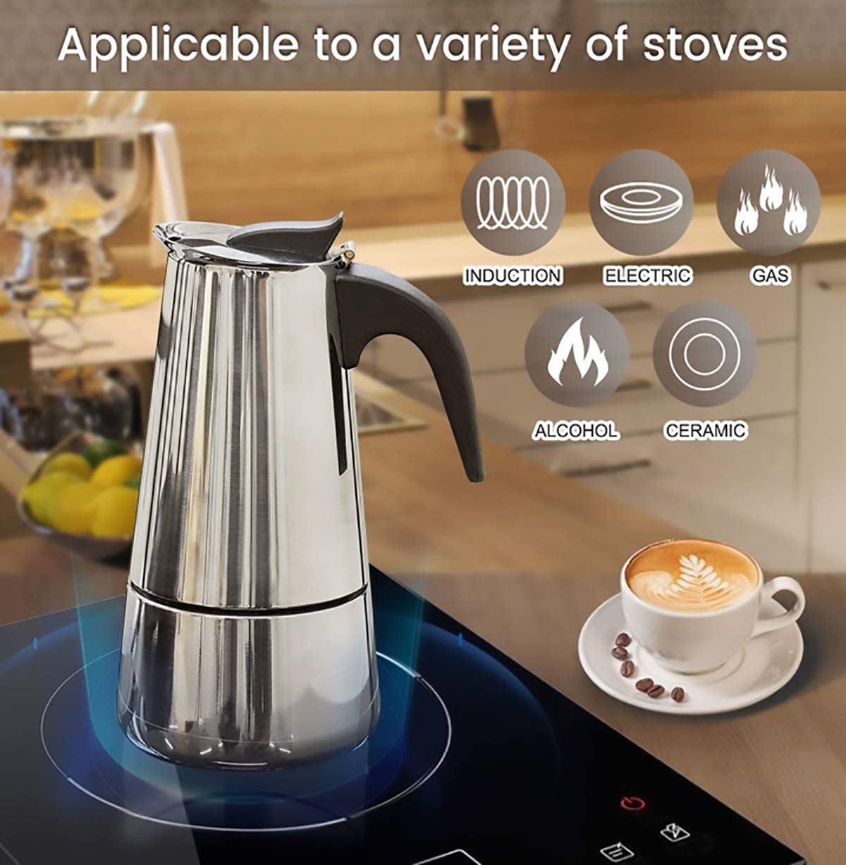 Italian Coffee Maker, Stainless Steel Espressos Coffee Maker, Classic Moka Coffee Maker, Steel Container for Making Coffee with Ergonomic Handle Keeps Heat (4 Cups)