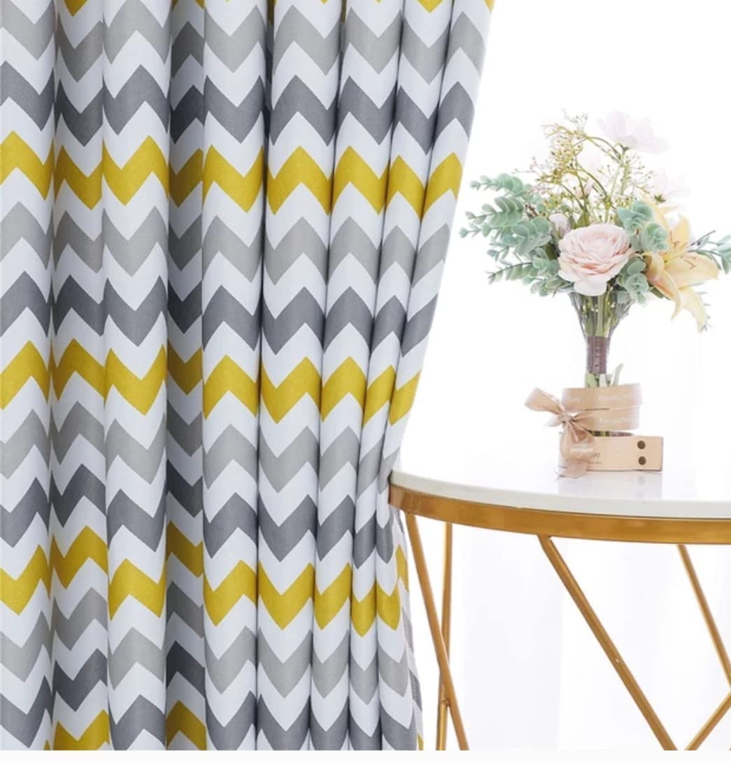 INtex CURTAINS HOUSE Luxury velvet curtains - Modern design - Stripped Zigzag - steel Grommets - 1 piece Yellow * Grey 145W X 240L CM