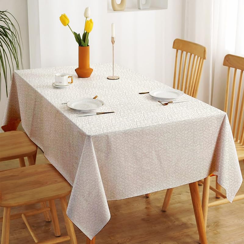 INtex Home Waterproof Tablecloth, Daniella Geometric Pattern Rectangle Table Cover, Stain Resistant Wipeable Fabric for Kitchen Dining Table, 1 Piece - Geometric Maze - Off-White - 200 x 270 cm