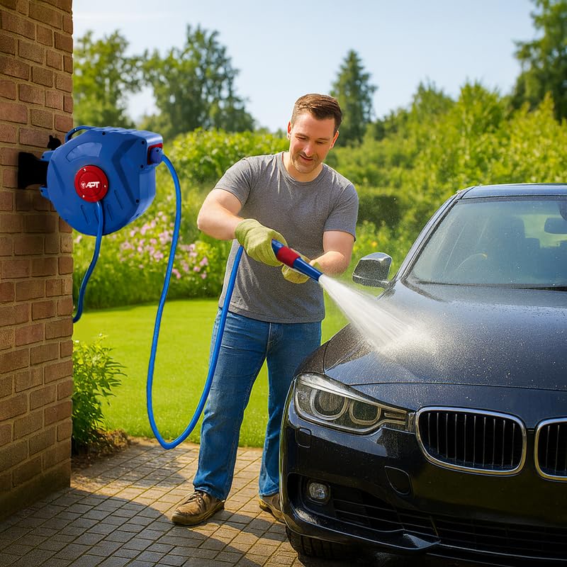 APT Wall Mounted Garden Hose Reel, Retractable Auto Rewind Pipe, 15m, 180 Swivel, Compact Blue Design, Durable PVC Hose, Outdoor Patio Watering Equipment, Lawn Plants Cleaning, Easy Storage