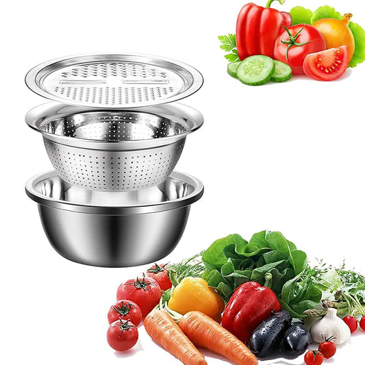 Niralasa 3 in 1 Kitchen Multipurpose 11 Inch Silver Stainless Steel Drain Basket, Vegetable Cutter, Julienne Grater