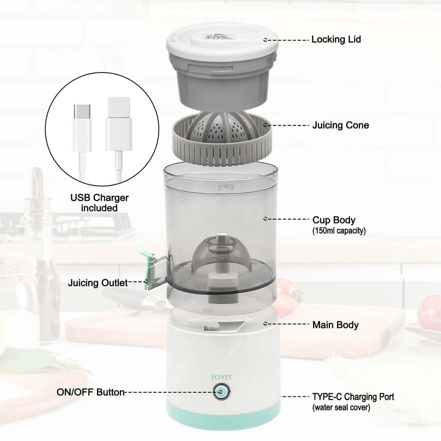 JOYIT Orange Juice Squeezer â€“ USB Rechargeable Electric Citrus Juicer, Wireless Portable Orange Juice Machine, Premium Electric Juicer for Lemon Tomato Grape Watermelon
