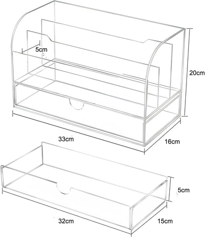 Large Clear Acrylic Desk Organizer and Mail Sorter, Multi-Slot Desktop File Holder with Integrated Drawer for Office and Home, Elegant Stationary Tray and Storage Solution